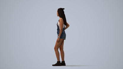 3D human model woman casual standing, photogrammetry scanned person for archviz, three-quarter view render