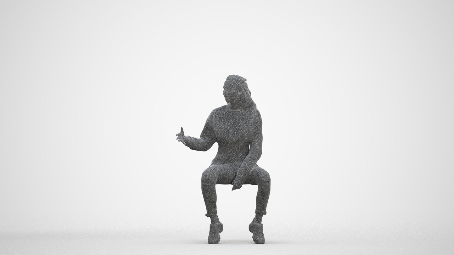 3D people model woman sport sitting, scanned human for 3ds Max rendering, three-quarter front view render