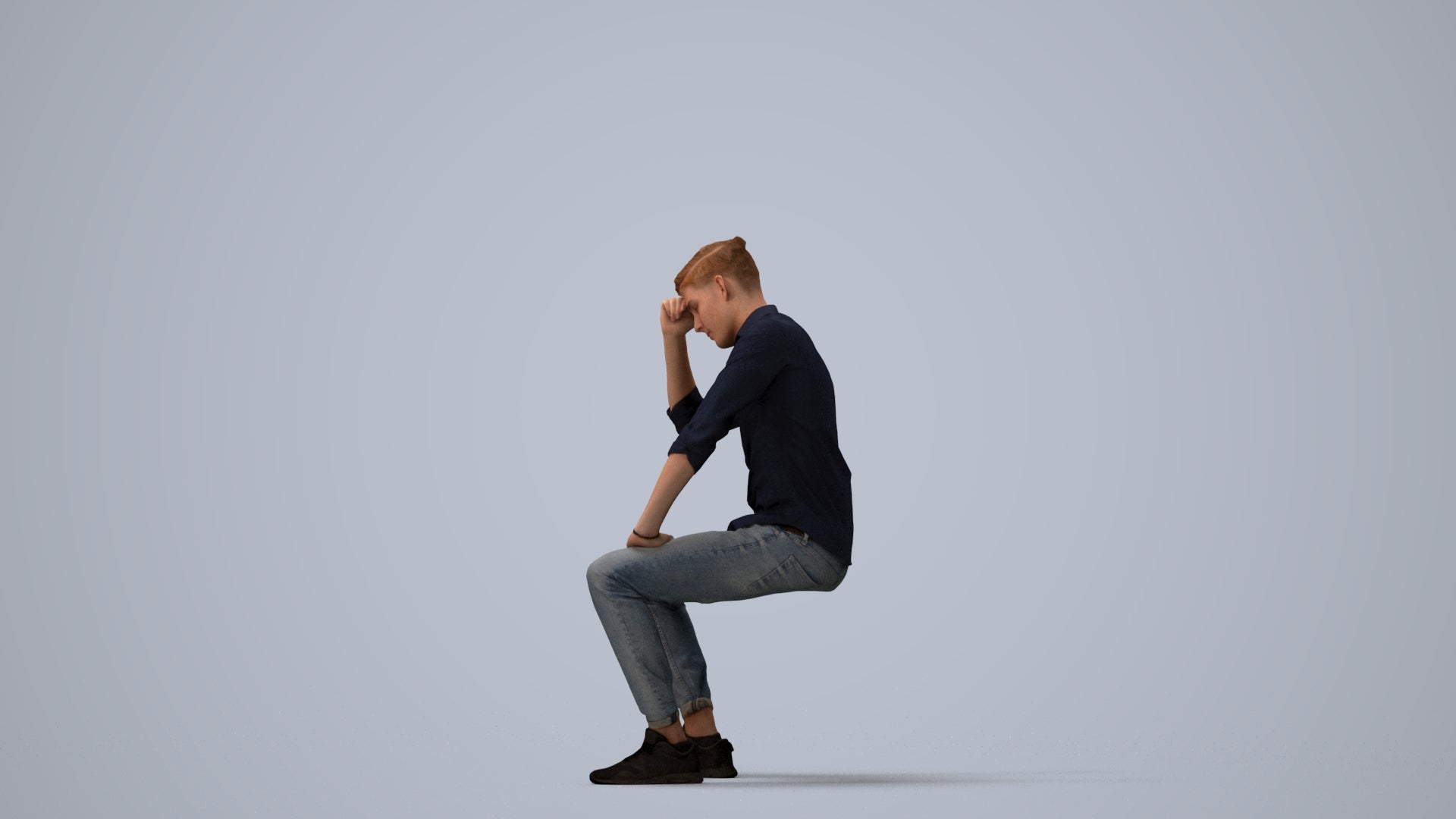 3D people model man casual sitting, scanned human for 3ds Max rendering, three-quarter view render