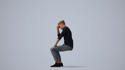 3D people model man casual sitting, scanned human for 3ds Max rendering, three-quarter view render