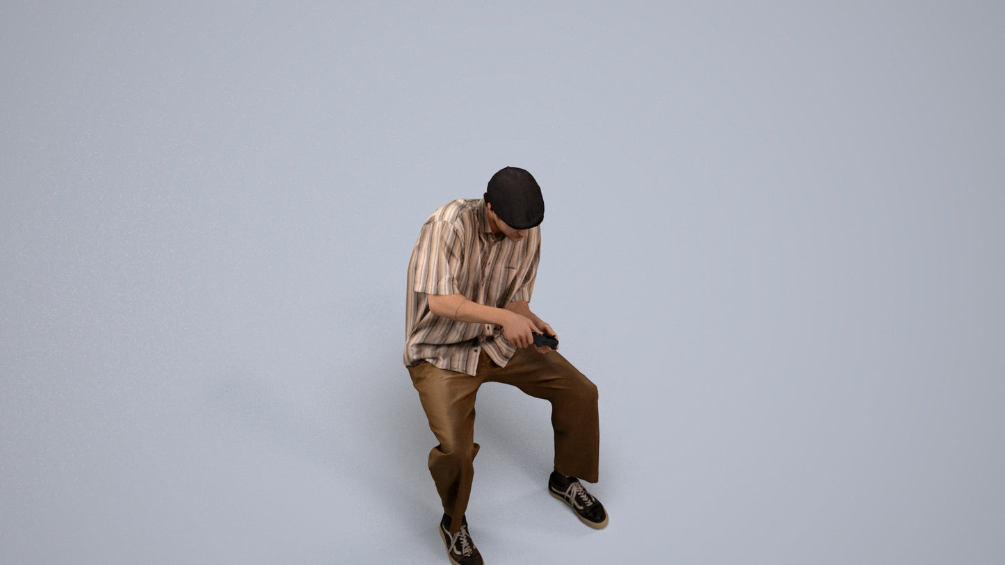 3D human model man casual sitting, photogrammetry scanned person for archviz, back view render