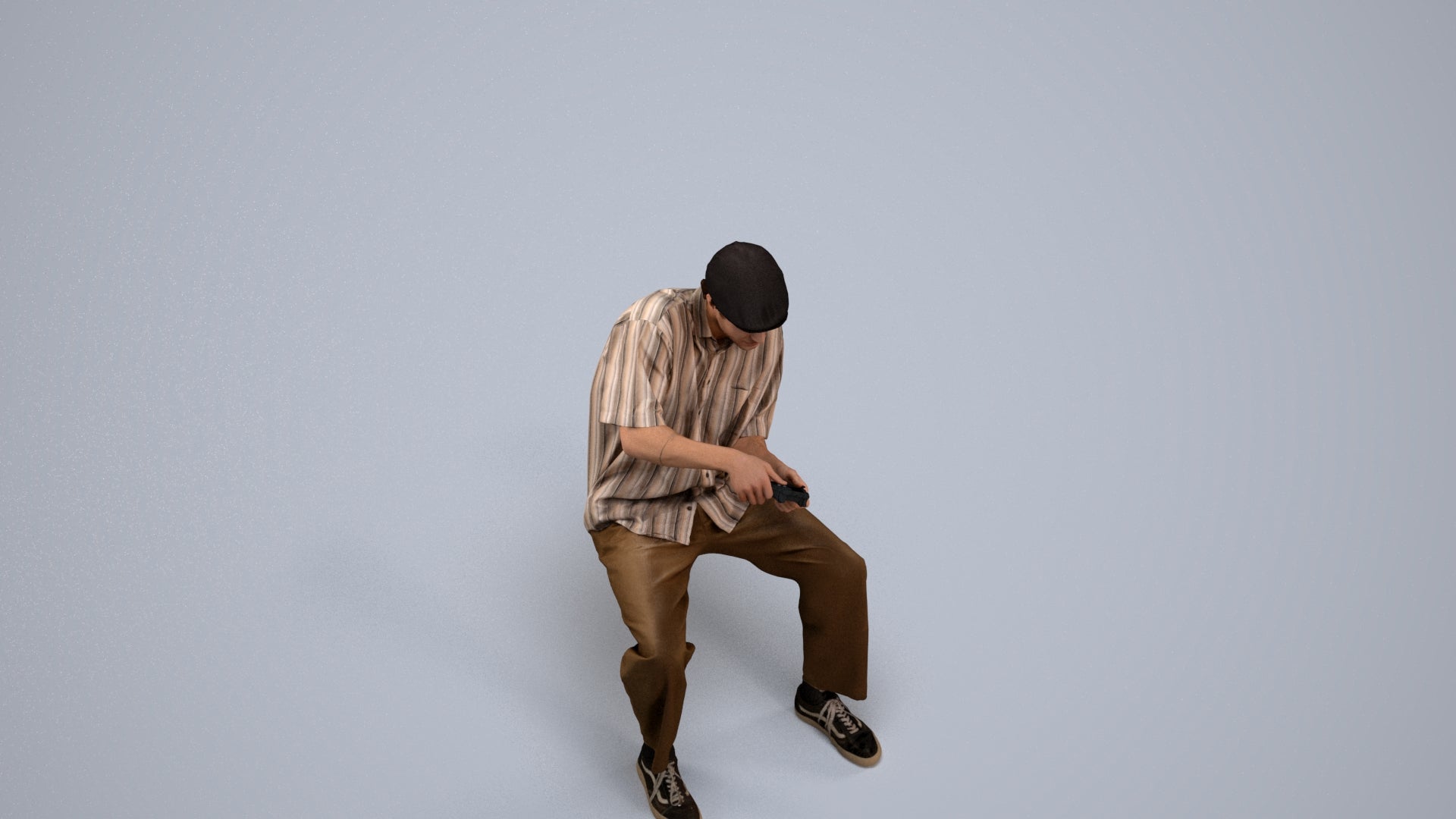 3D human model man casual sitting, photogrammetry scanned person for archviz, back view render