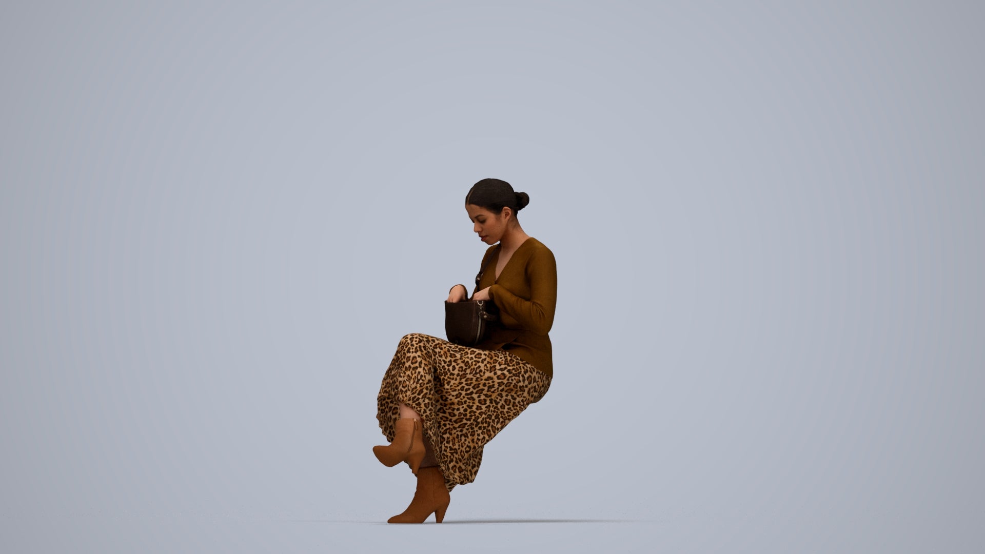 realistic 3D human woman casual sitting, archviz people FBX OBJ for Blender, top-down view render