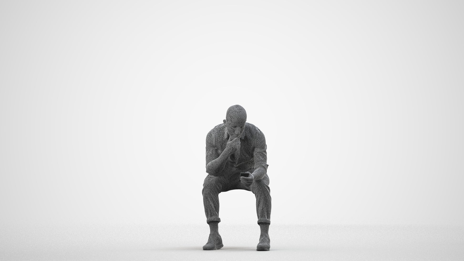 3D scanned man sitting business, photorealistic archviz people for Enscape and SketchUp, wireframe side view