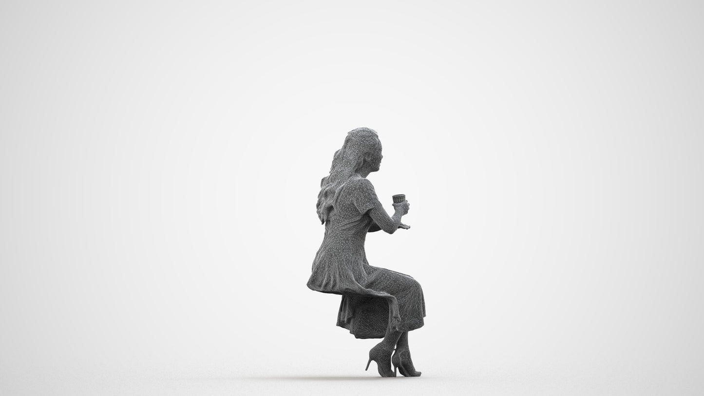 3D human model woman casual sitting, photogrammetry scanned person for archviz, wireframe side view