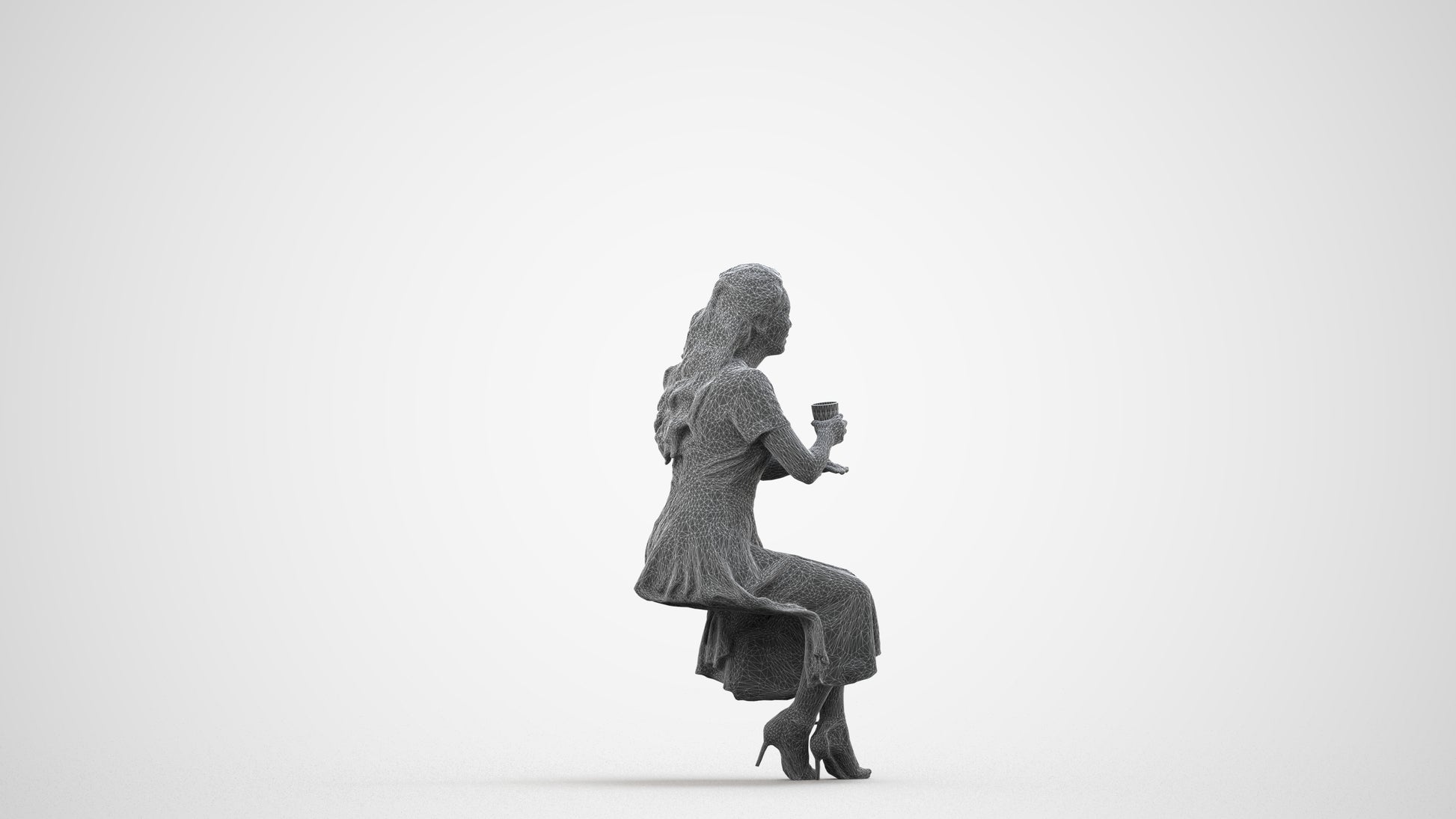 3D human model woman casual sitting, photogrammetry scanned person for archviz, wireframe side view