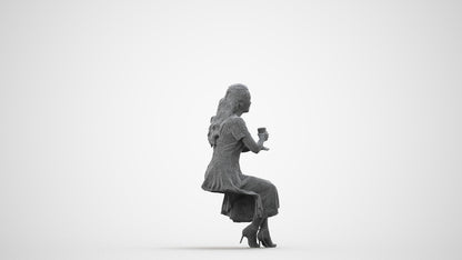 3D human model woman casual sitting, photogrammetry scanned person for archviz, wireframe side view