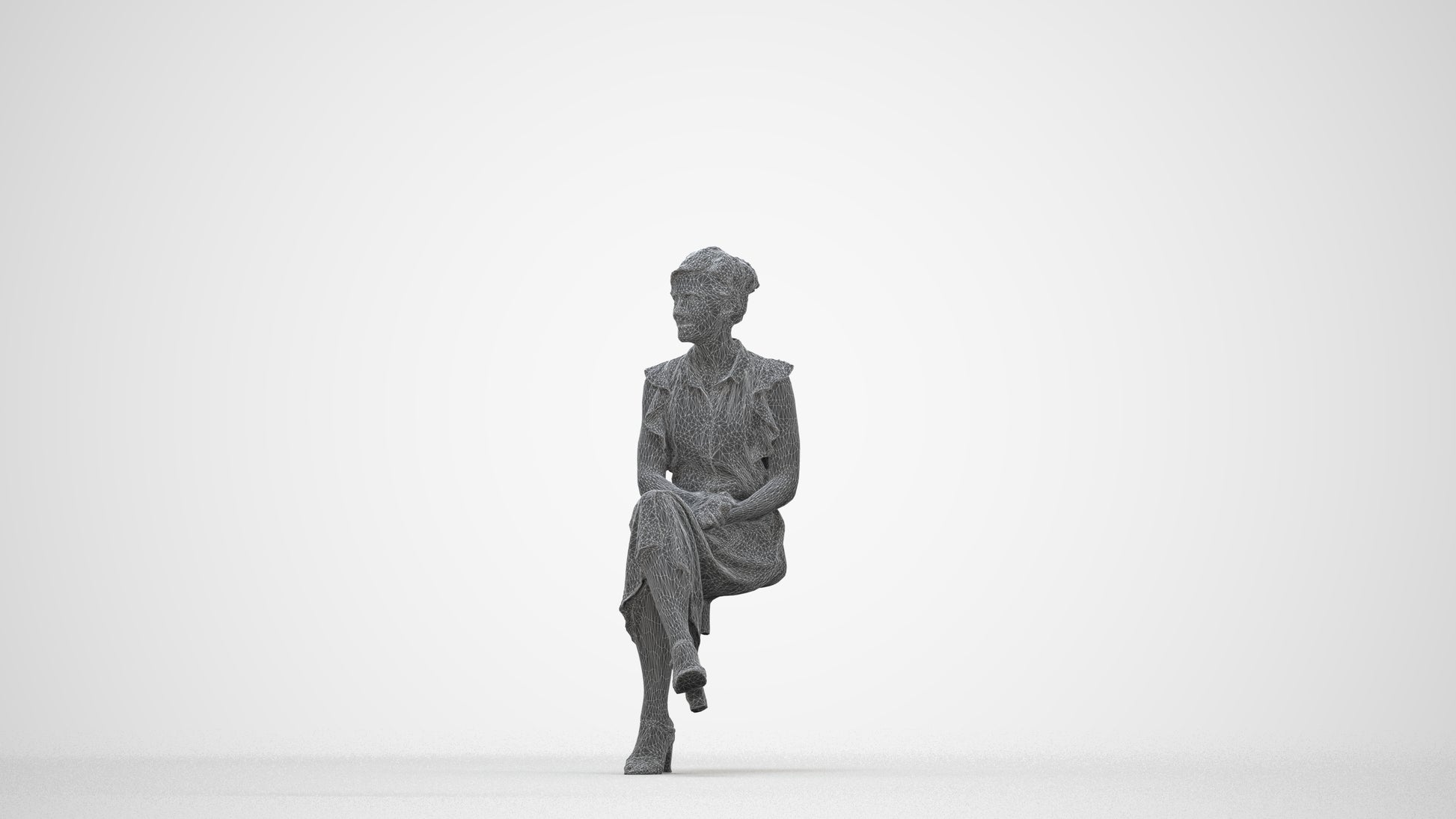 realistic 3D human woman casual sitting, archviz people FBX OBJ for Blender, wireframe back view