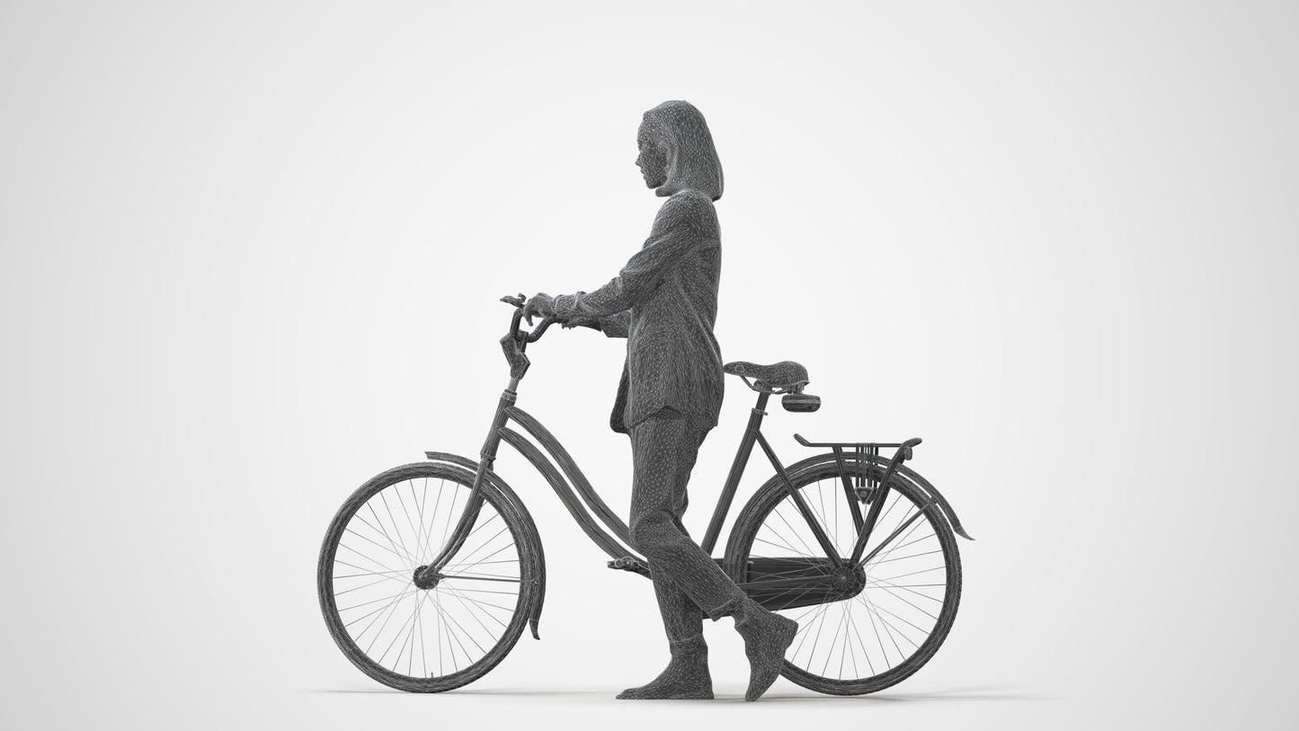 realistic 3D woman business cycling, scanned archviz people for Blender and 3ds Max, square thumbnail