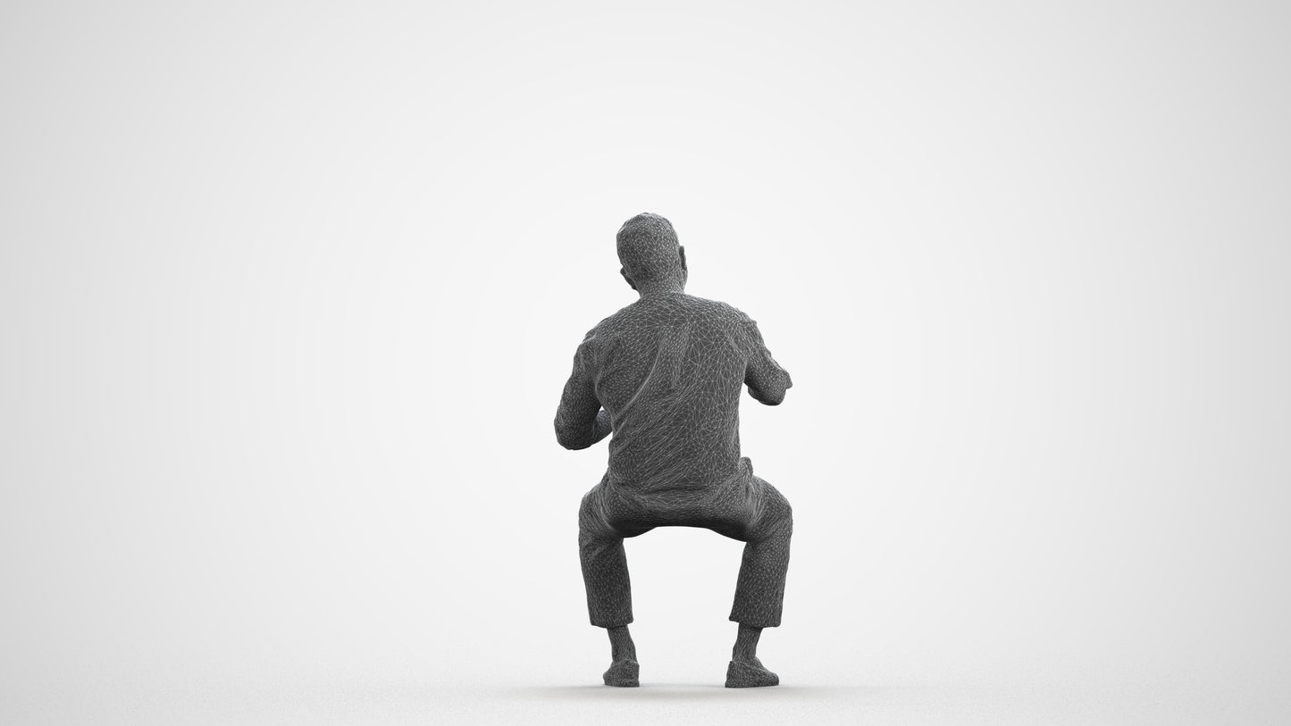 photogrammetry 3D man casual sitting, realistic human model archviz FBX, wireframe front view