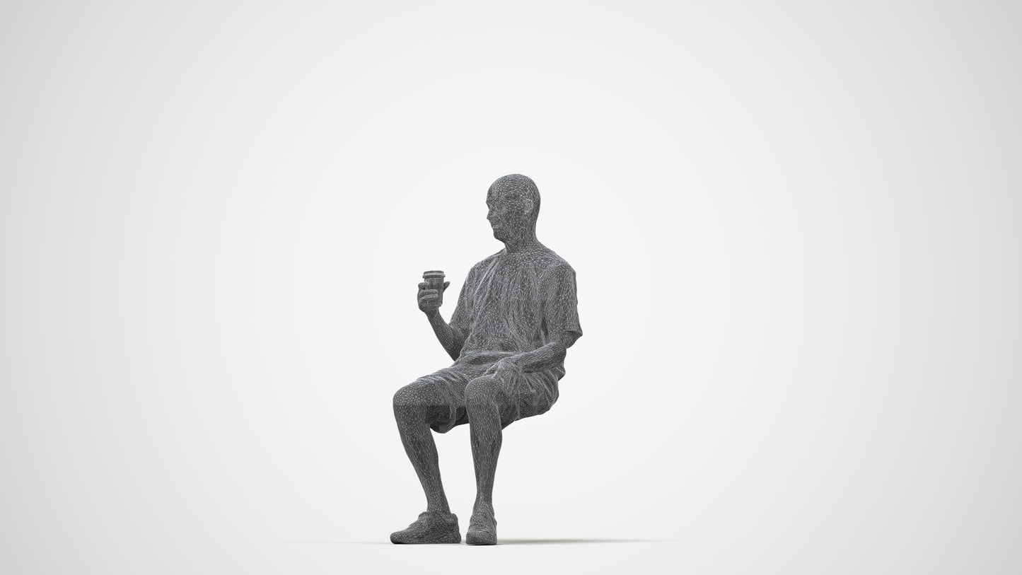 3D human model senior man casual sitting, photogrammetry scanned person for archviz, wireframe back view