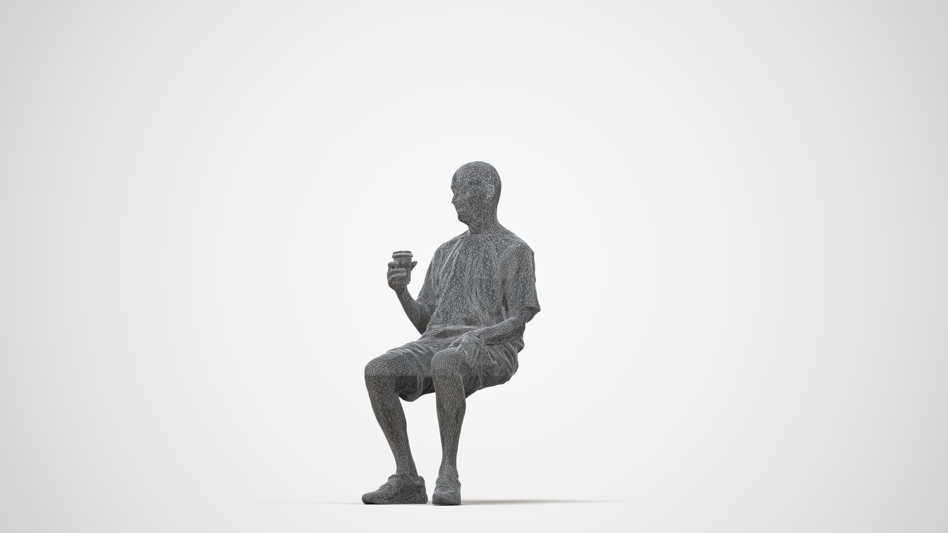3D human model senior man casual sitting, photogrammetry scanned person for archviz, wireframe back view
