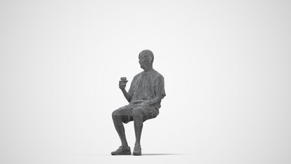 3D human model senior man casual sitting, photogrammetry scanned person for archviz, wireframe back view