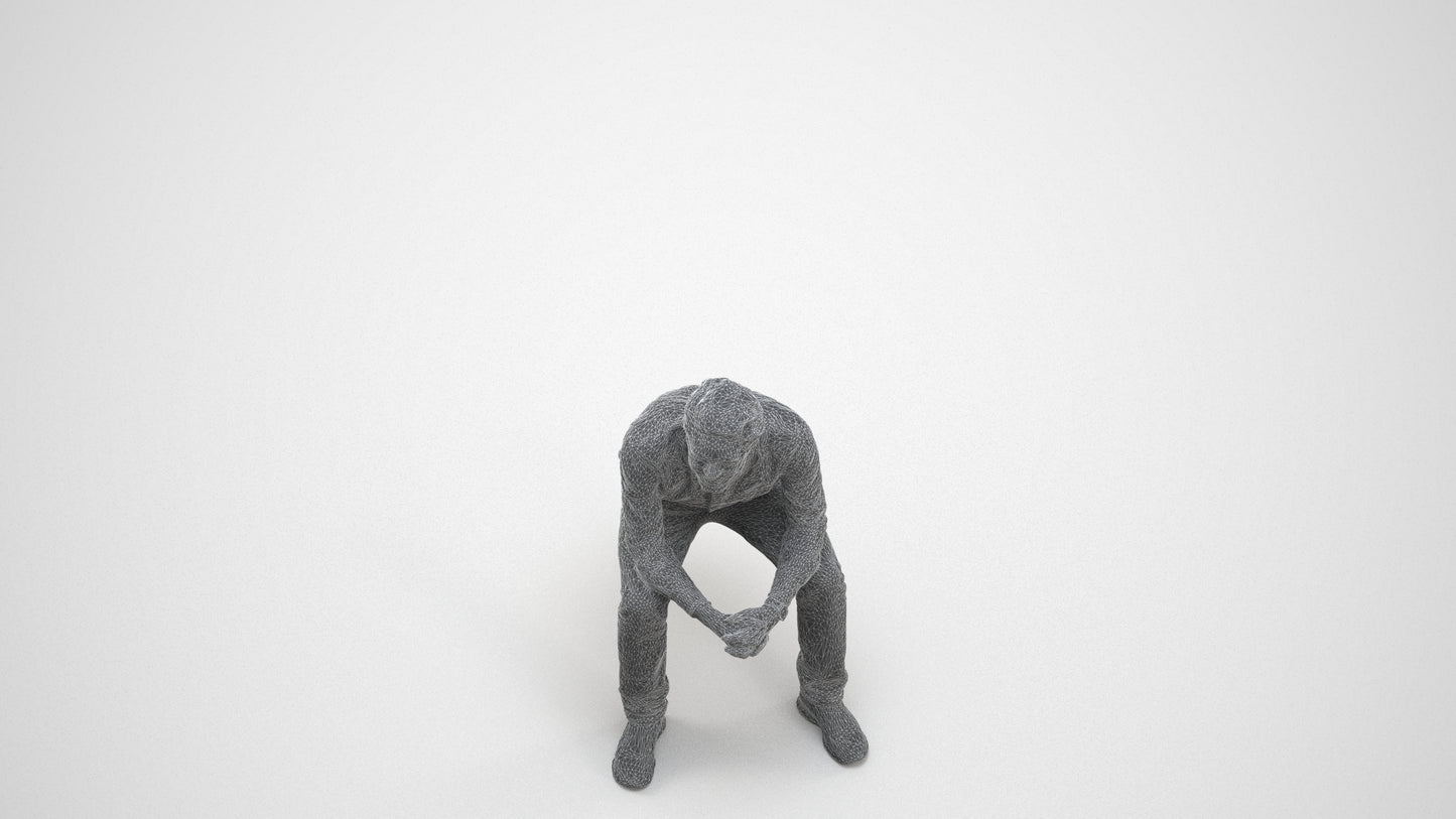 photogrammetry 3D man casual sitting, realistic human model archviz FBX, wireframe three-quarter view