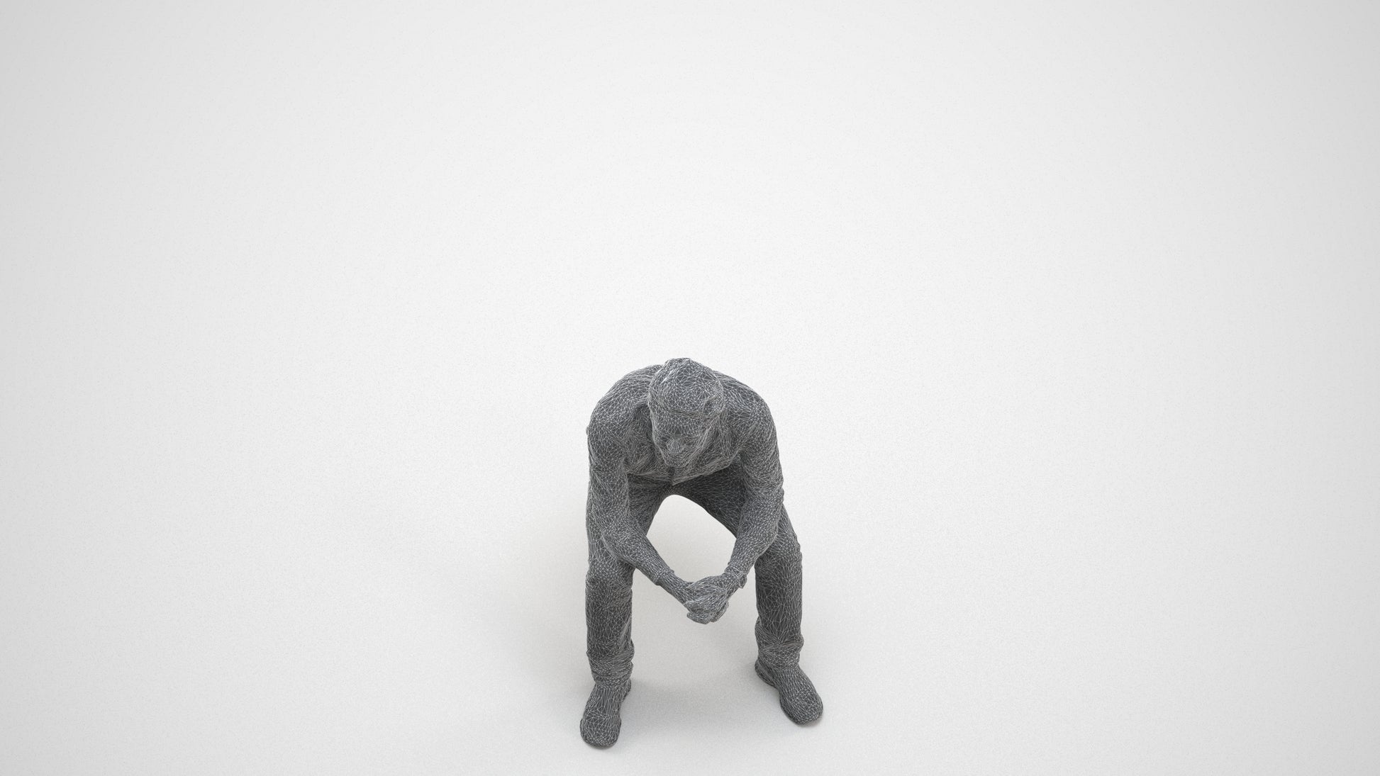 photogrammetry 3D man casual sitting, realistic human model archviz FBX, wireframe three-quarter view
