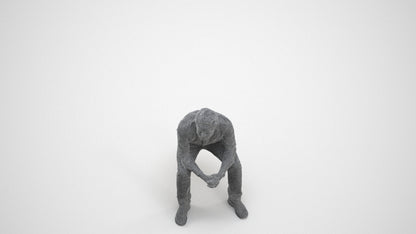 photogrammetry 3D man casual sitting, realistic human model archviz FBX, wireframe three-quarter view