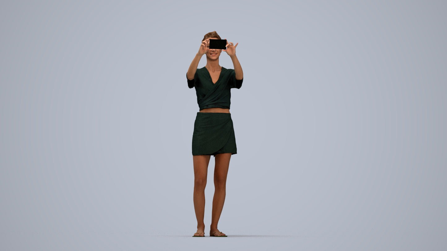 3D human model woman casual standing, photogrammetry scanned person for archviz, top-down view render