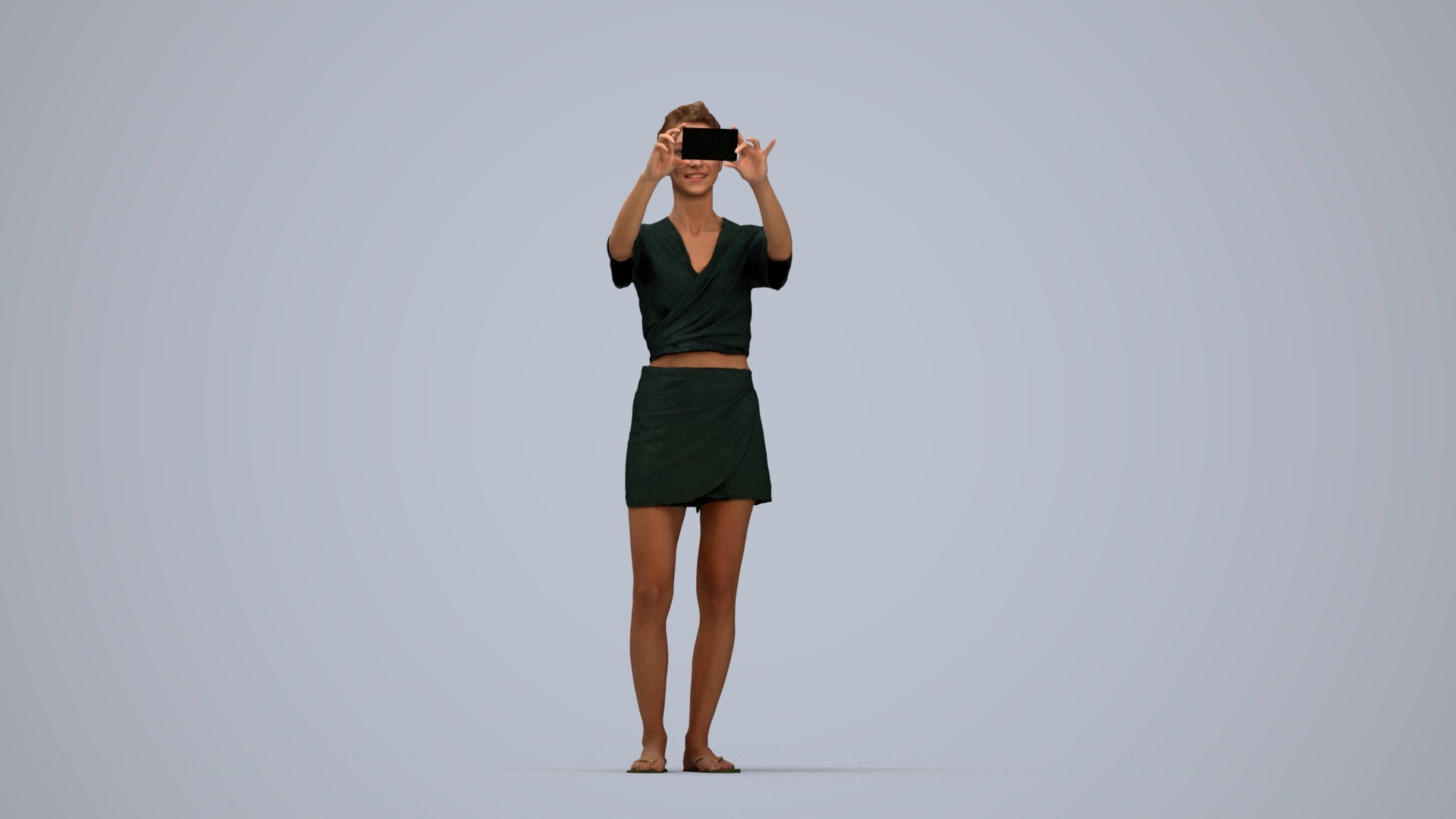 3D human model woman casual standing, photogrammetry scanned person for archviz, top-down view render