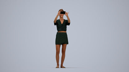 3D human model woman casual standing, photogrammetry scanned person for archviz, top-down view render