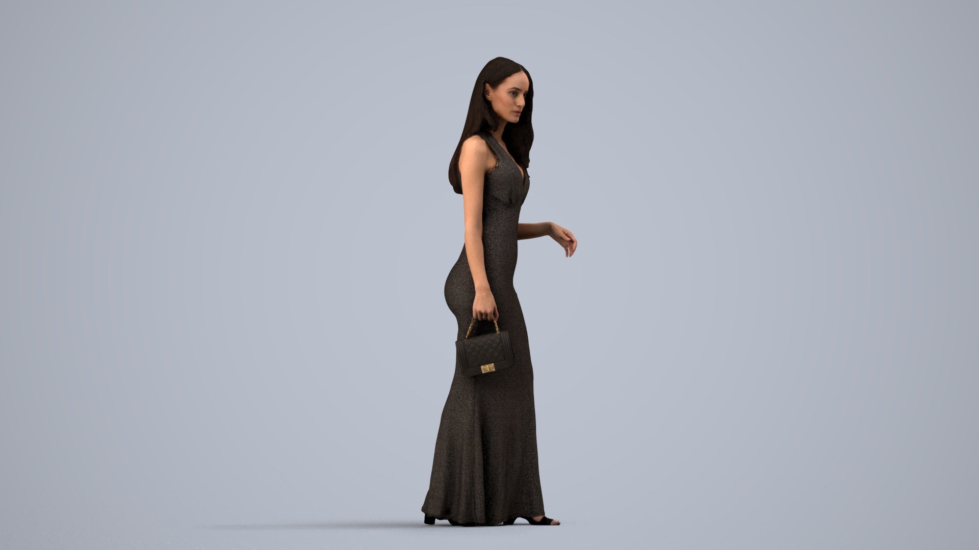 3D people model woman formal walking, scanned human for 3ds Max rendering, side view render