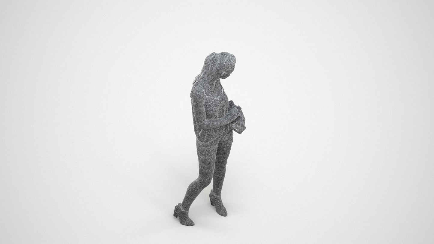 3D people model girl casual standing, scanned human for 3ds Max rendering, wireframe three-quarter view