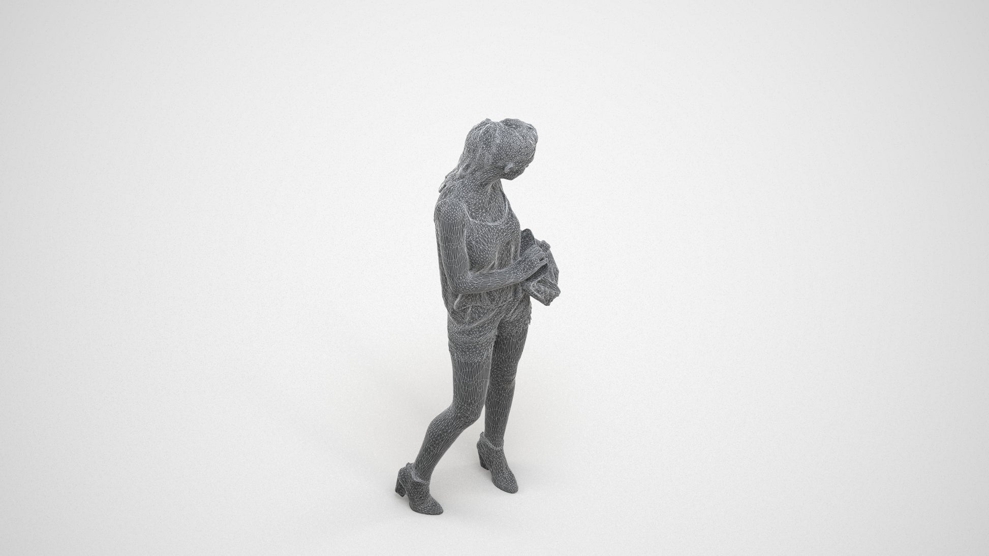3D people model girl casual standing, scanned human for 3ds Max rendering, wireframe three-quarter view