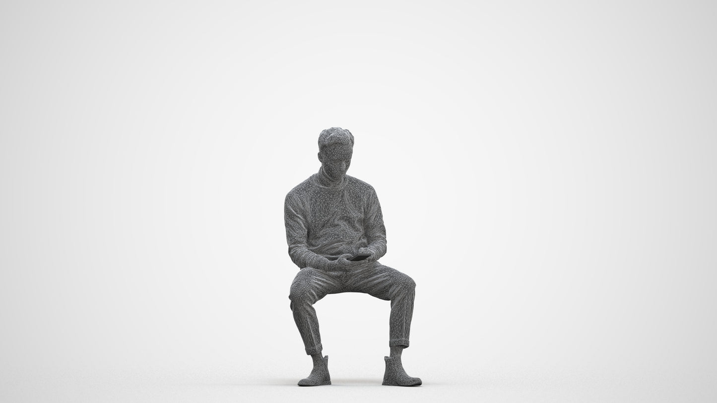 3D people model man casual sitting, scanned human for 3ds Max rendering, three-quarter front view render
