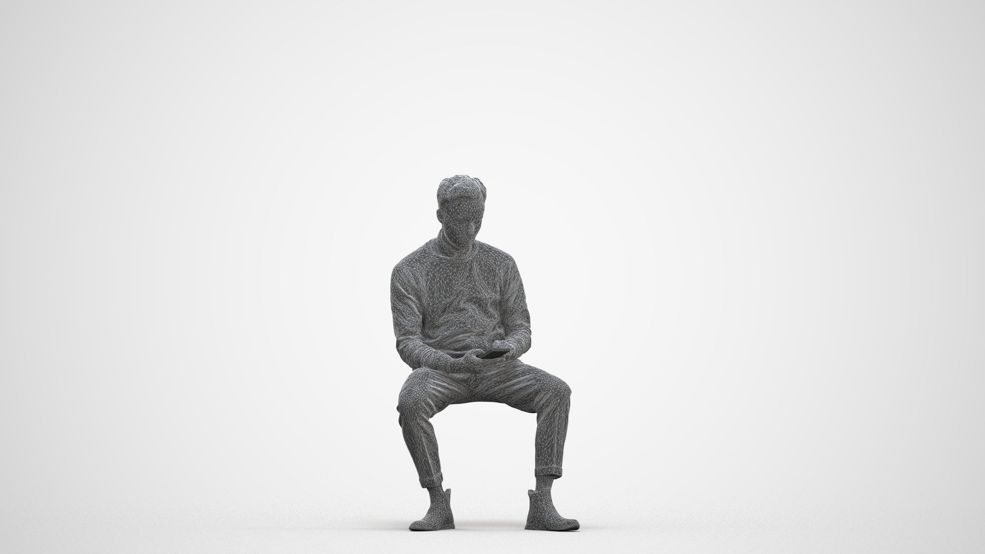 3D people model man casual sitting, scanned human for 3ds Max rendering, three-quarter front view render