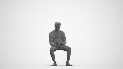 3D people model man casual sitting, scanned human for 3ds Max rendering, three-quarter front view render