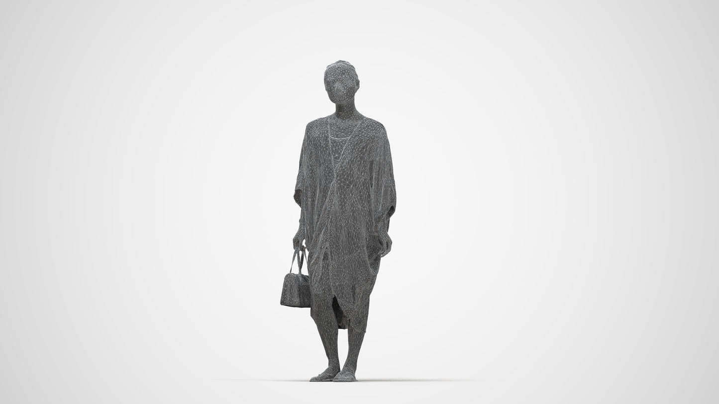 3D scanned woman standing casual, photorealistic archviz people for Enscape and SketchUp, wireframe back view