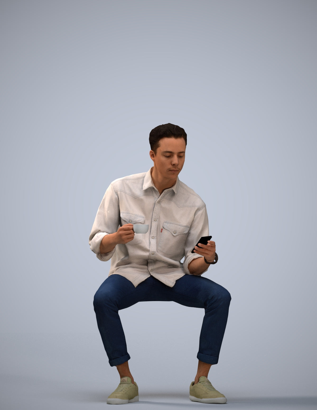 3D human model man casual sitting, photogrammetry scanned person for archviz