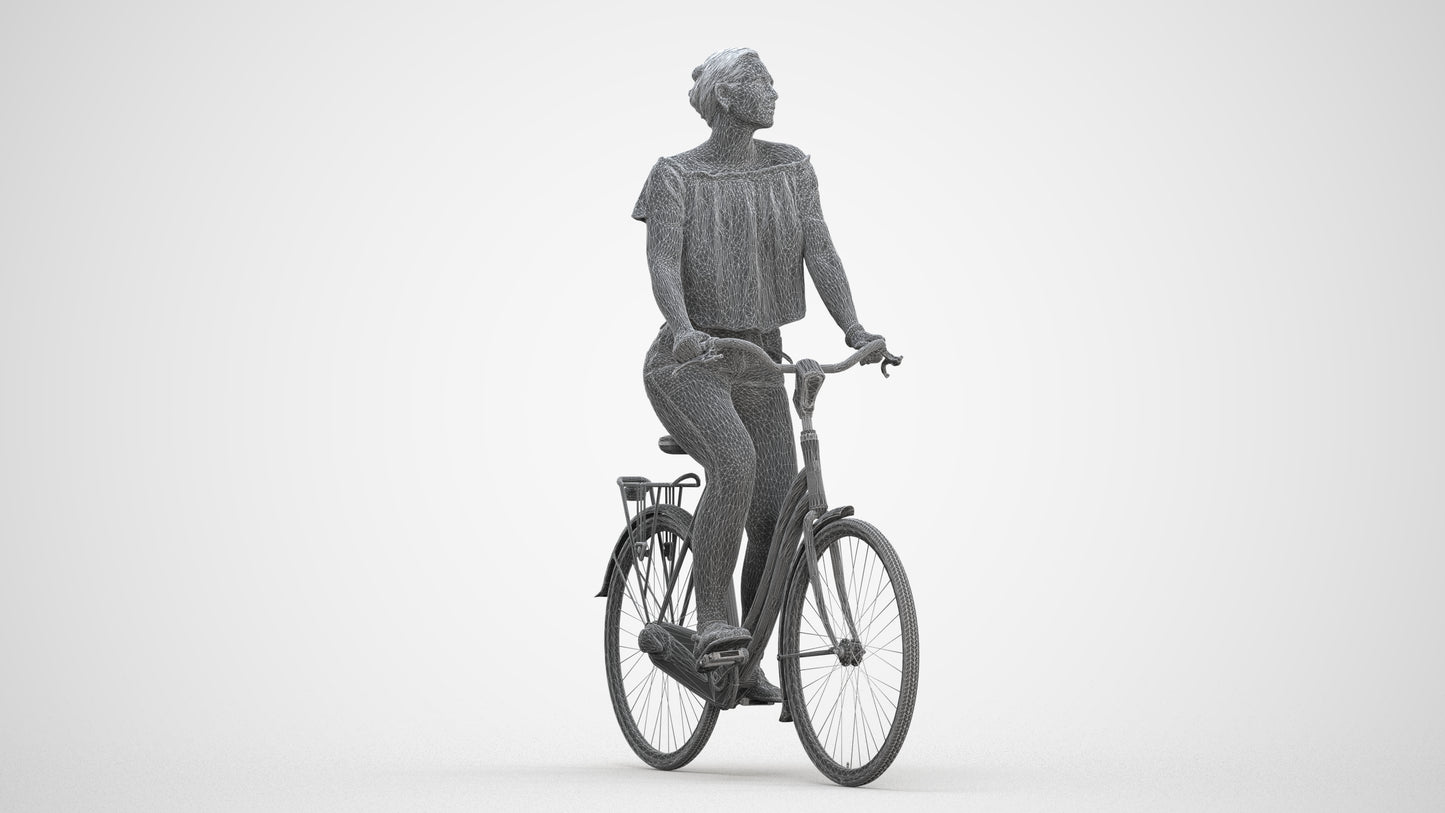 3D people model woman casual cycling, scanned human for 3ds Max rendering, three-quarter front view render