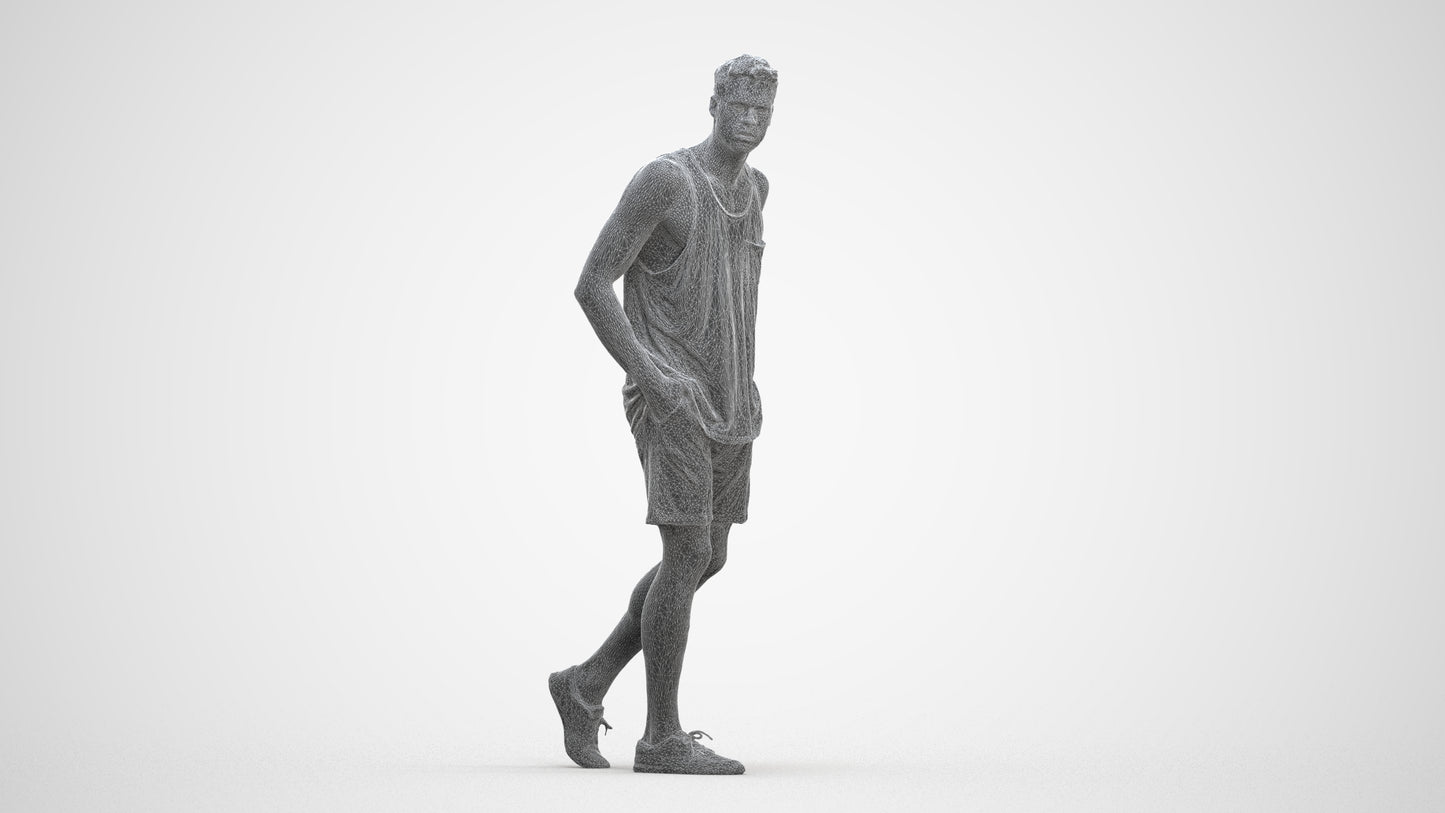 3D human model woman casual walking, photogrammetry scanned person for archviz, three-quarter front view render