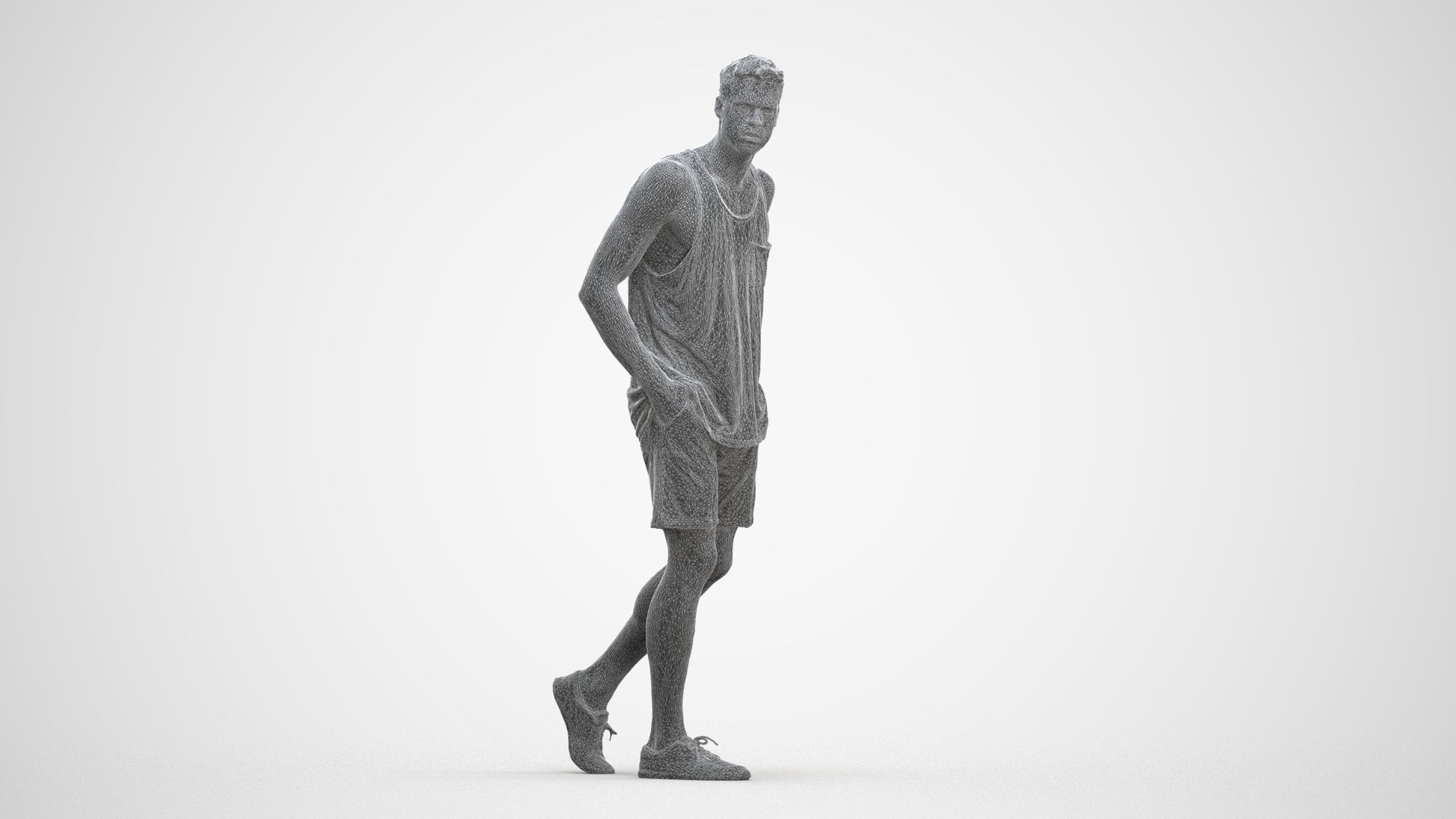 3D human model woman casual walking, photogrammetry scanned person for archviz, three-quarter front view render