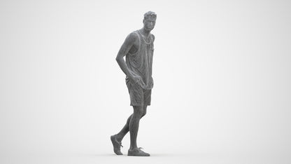 3D human model woman casual walking, photogrammetry scanned person for archviz, three-quarter front view render