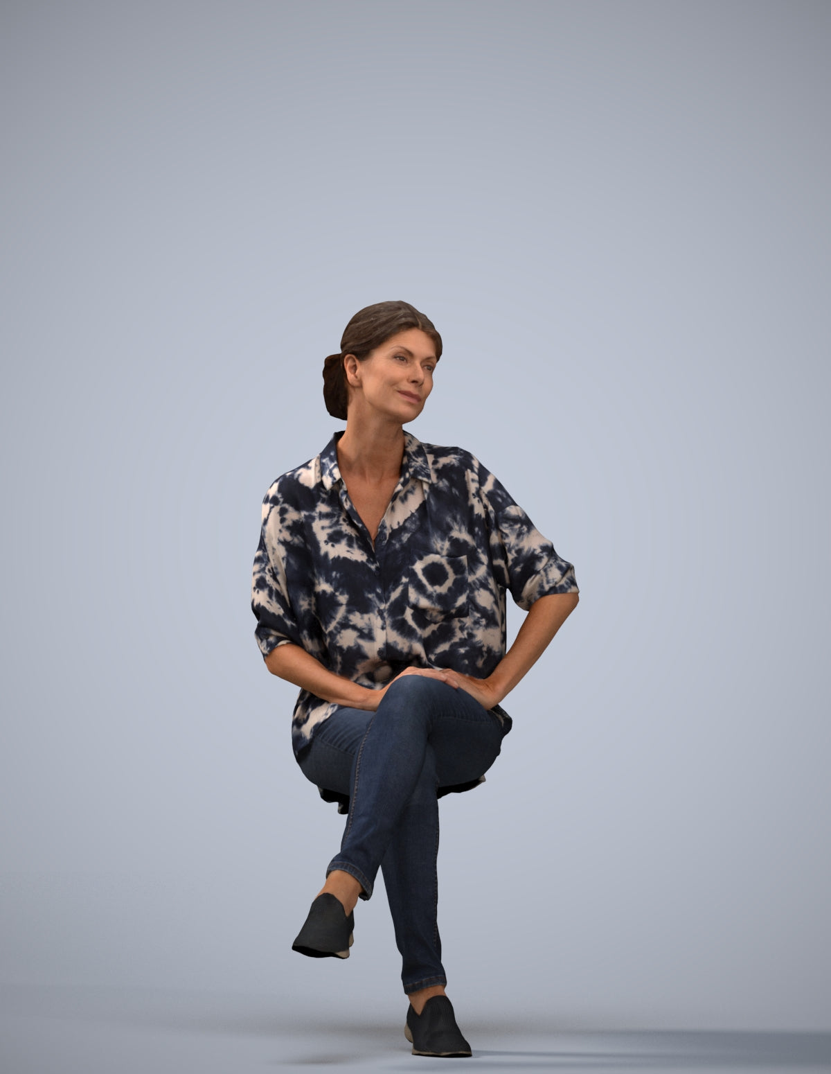 3D scanned woman sitting casual, photorealistic archviz people for Enscape and SketchUp