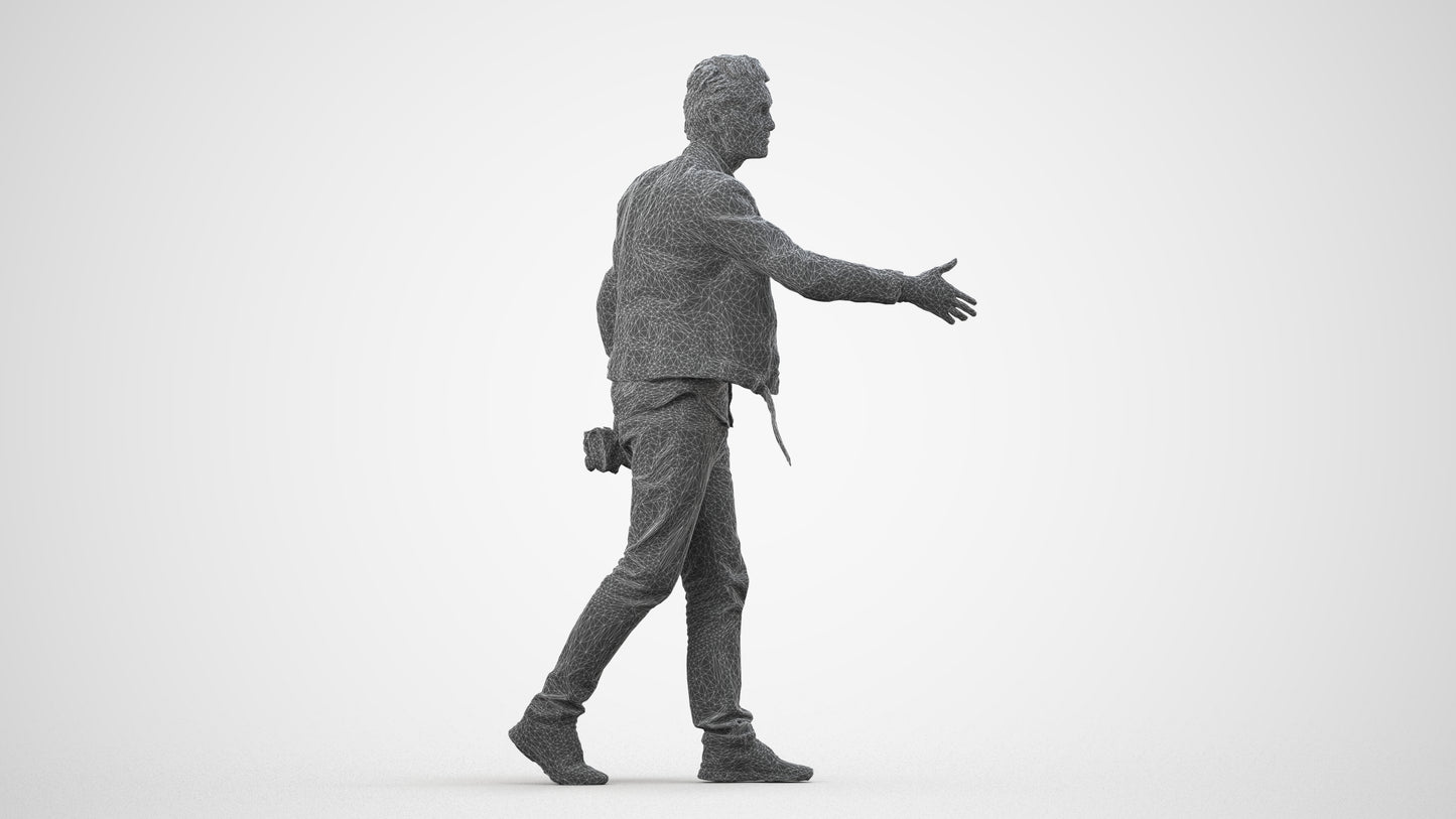 3D human model man casual walking, photogrammetry scanned person for archviz, wireframe side view