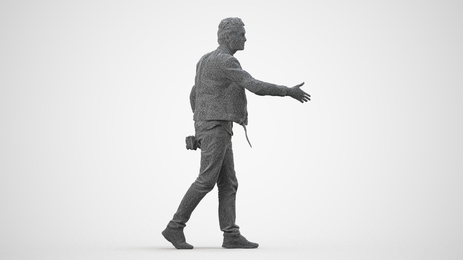3D human model man casual walking, photogrammetry scanned person for archviz, wireframe side view