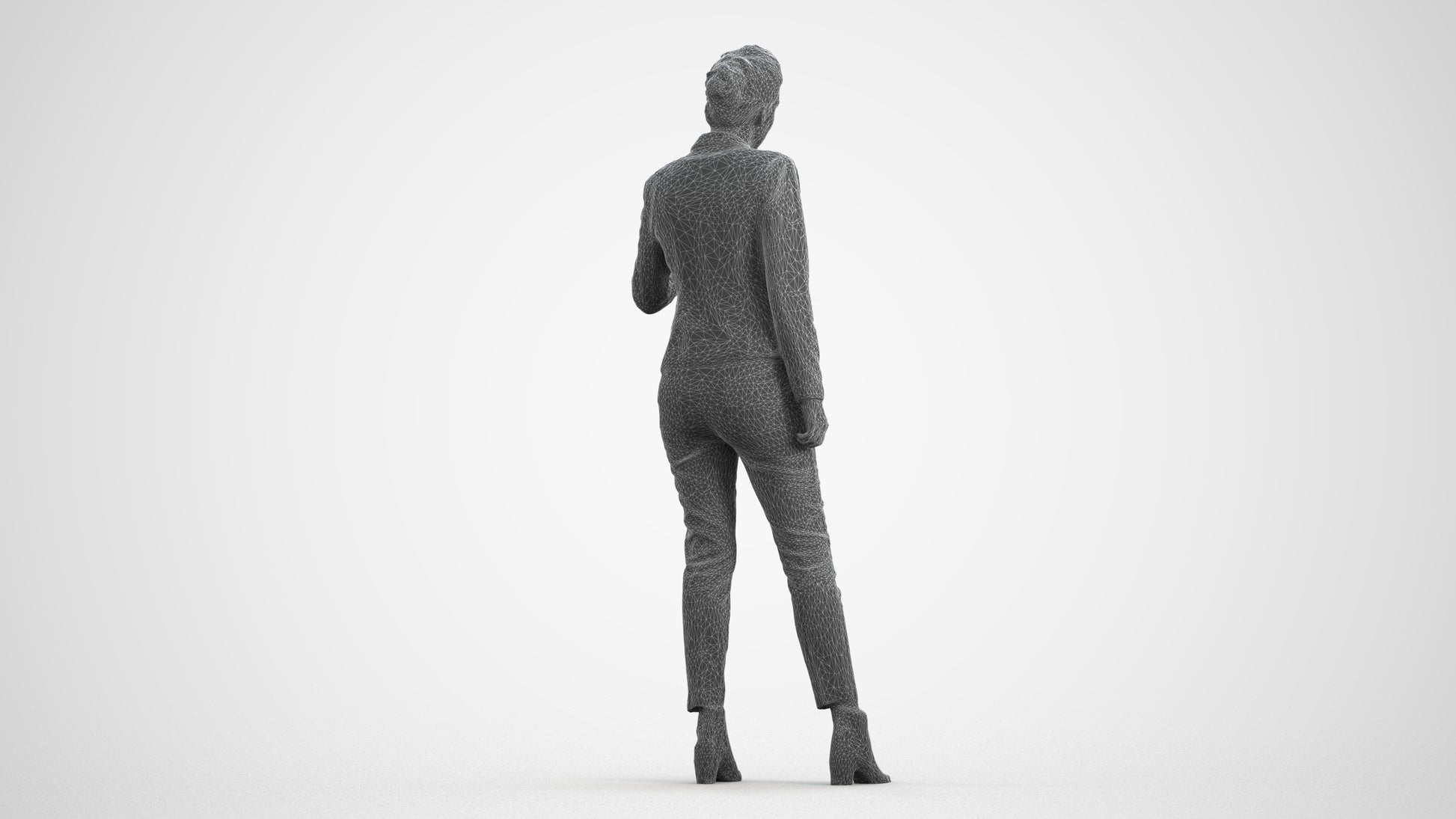 3D human model woman business, photogrammetry scanned person for archviz, wireframe front view