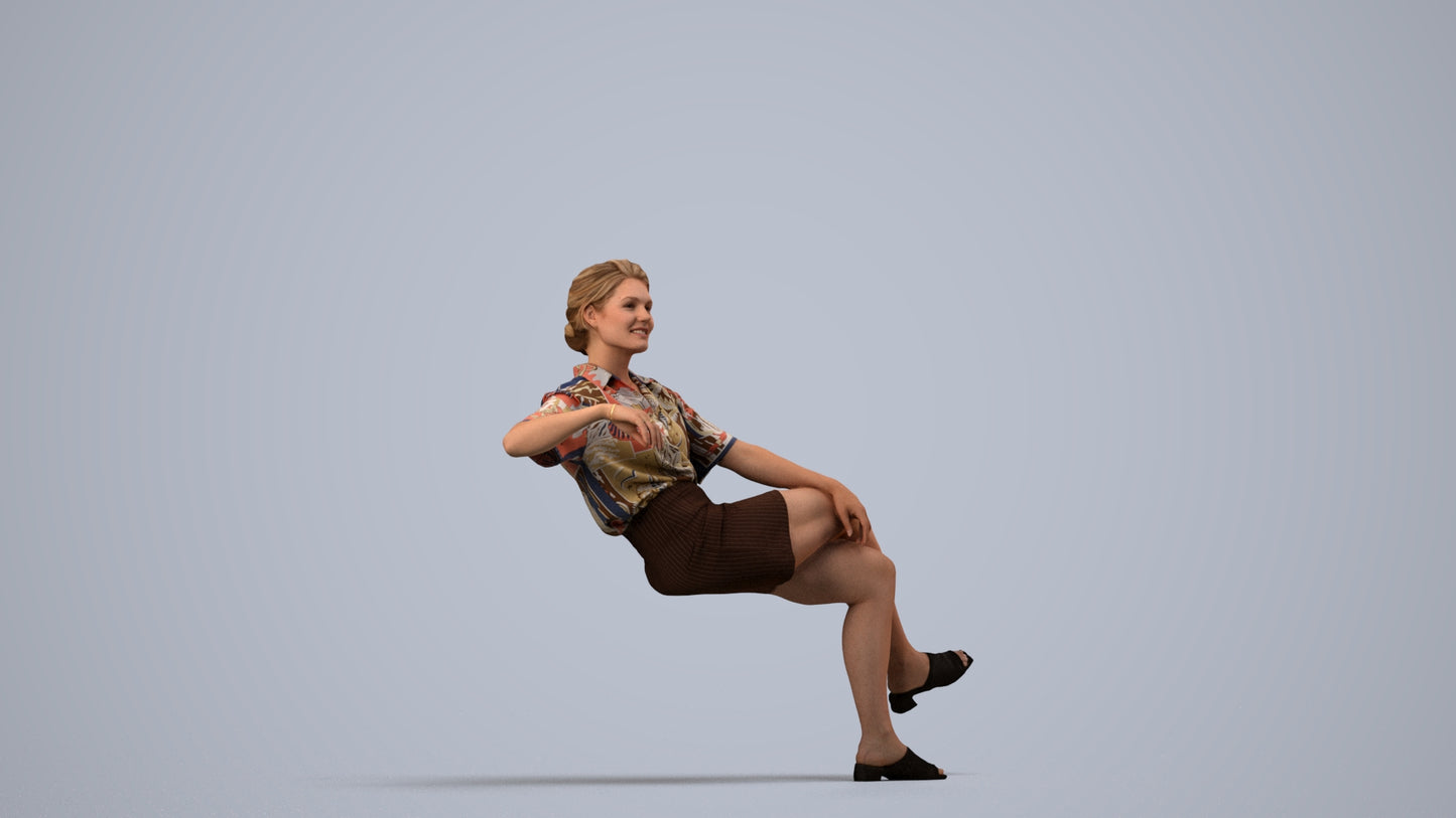 3D human model woman casual sitting, photogrammetry scanned person for archviz, side view render