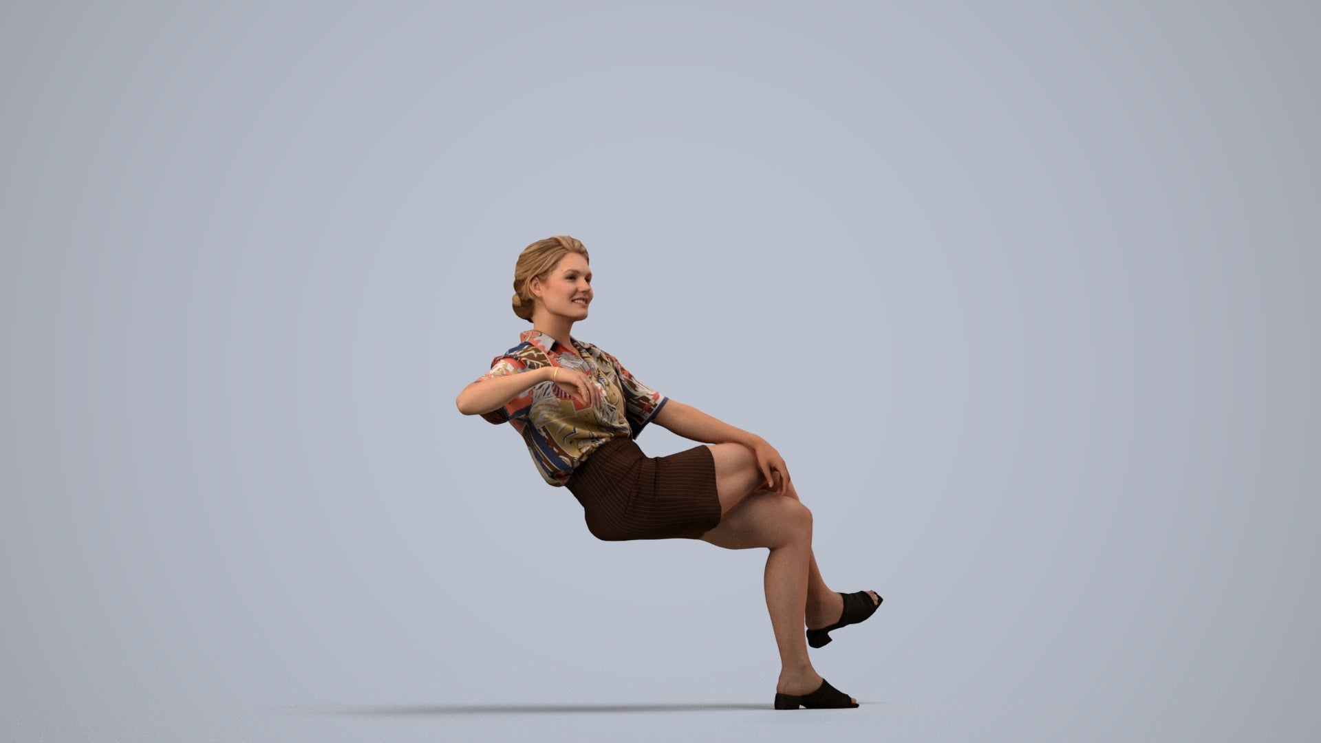 3D human model woman casual sitting, photogrammetry scanned person for archviz, side view render