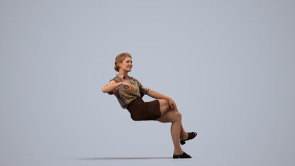 3D human model woman casual sitting, photogrammetry scanned person for archviz, side view render