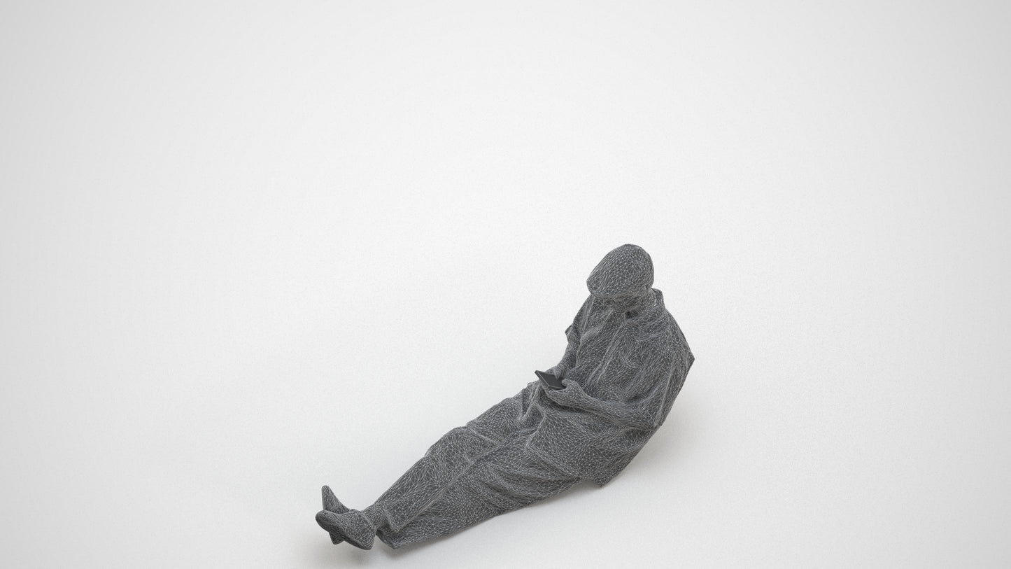 photogrammetry 3D man casual sitting, realistic human model archviz FBX, wireframe three-quarter view