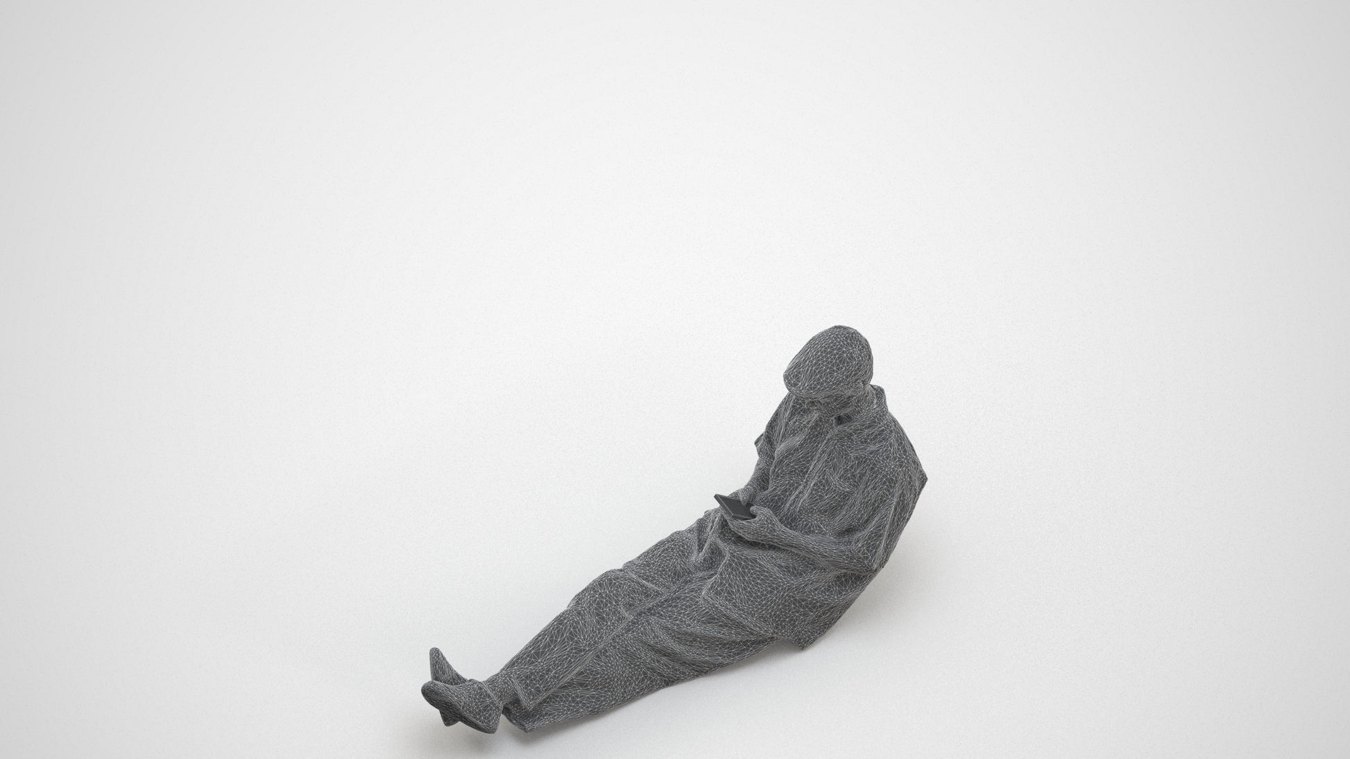 photogrammetry 3D man casual sitting, realistic human model archviz FBX, wireframe three-quarter view