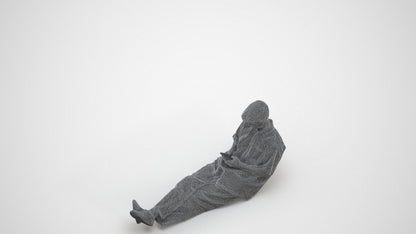 photogrammetry 3D man casual sitting, realistic human model archviz FBX, wireframe three-quarter view