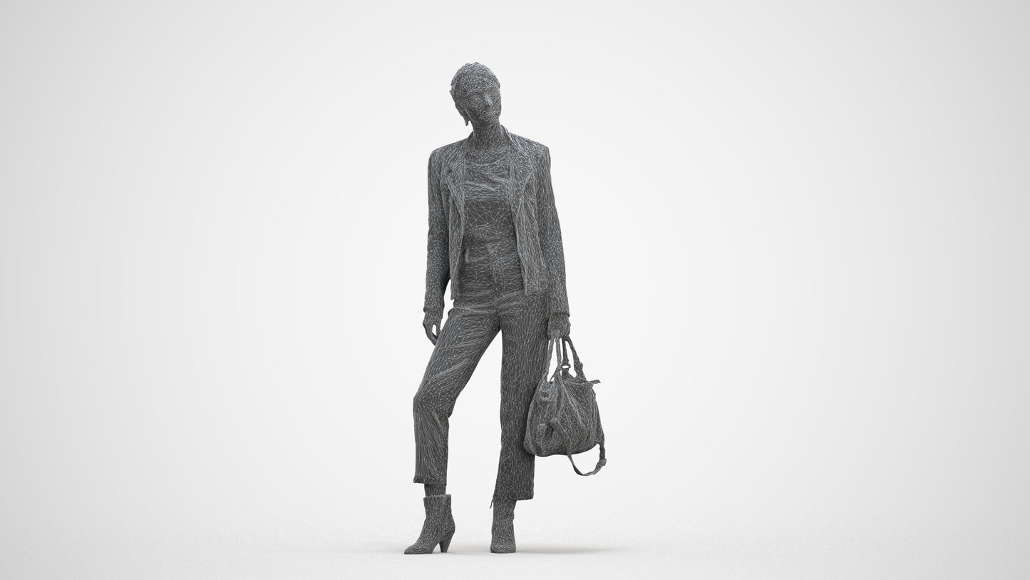 realistic 3D human woman business standing, archviz people FBX OBJ for Blender, three-quarter front view render