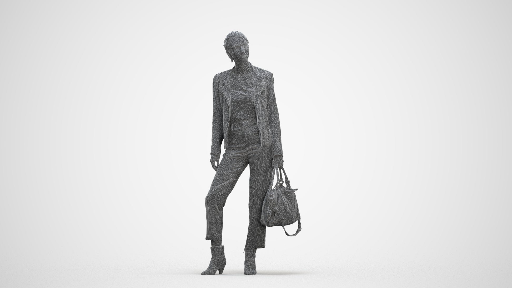 realistic 3D human woman business standing, archviz people FBX OBJ for Blender, three-quarter front view render