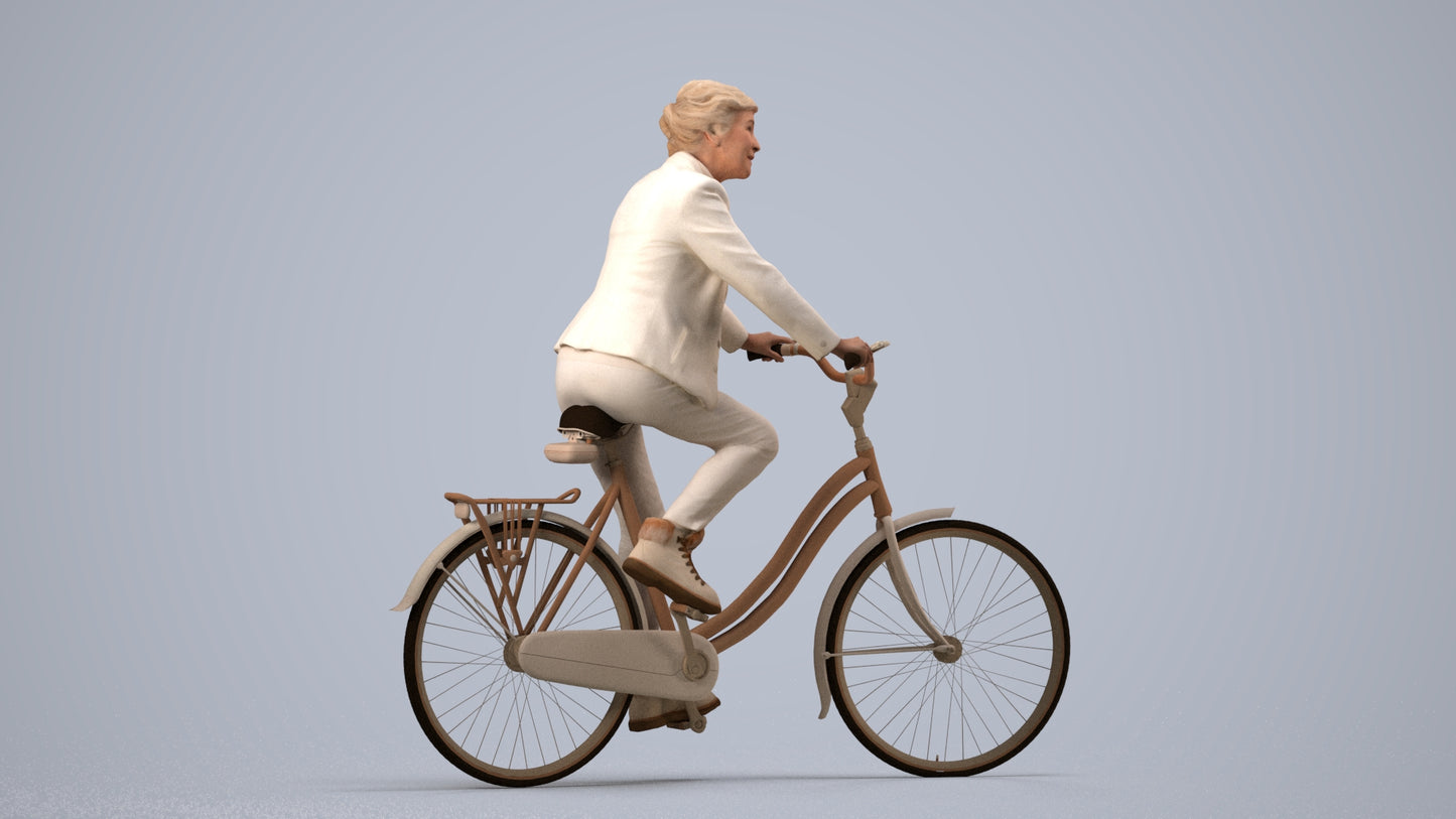 photogrammetry 3D senior woman business cycling, realistic human model archviz FBX, side view render