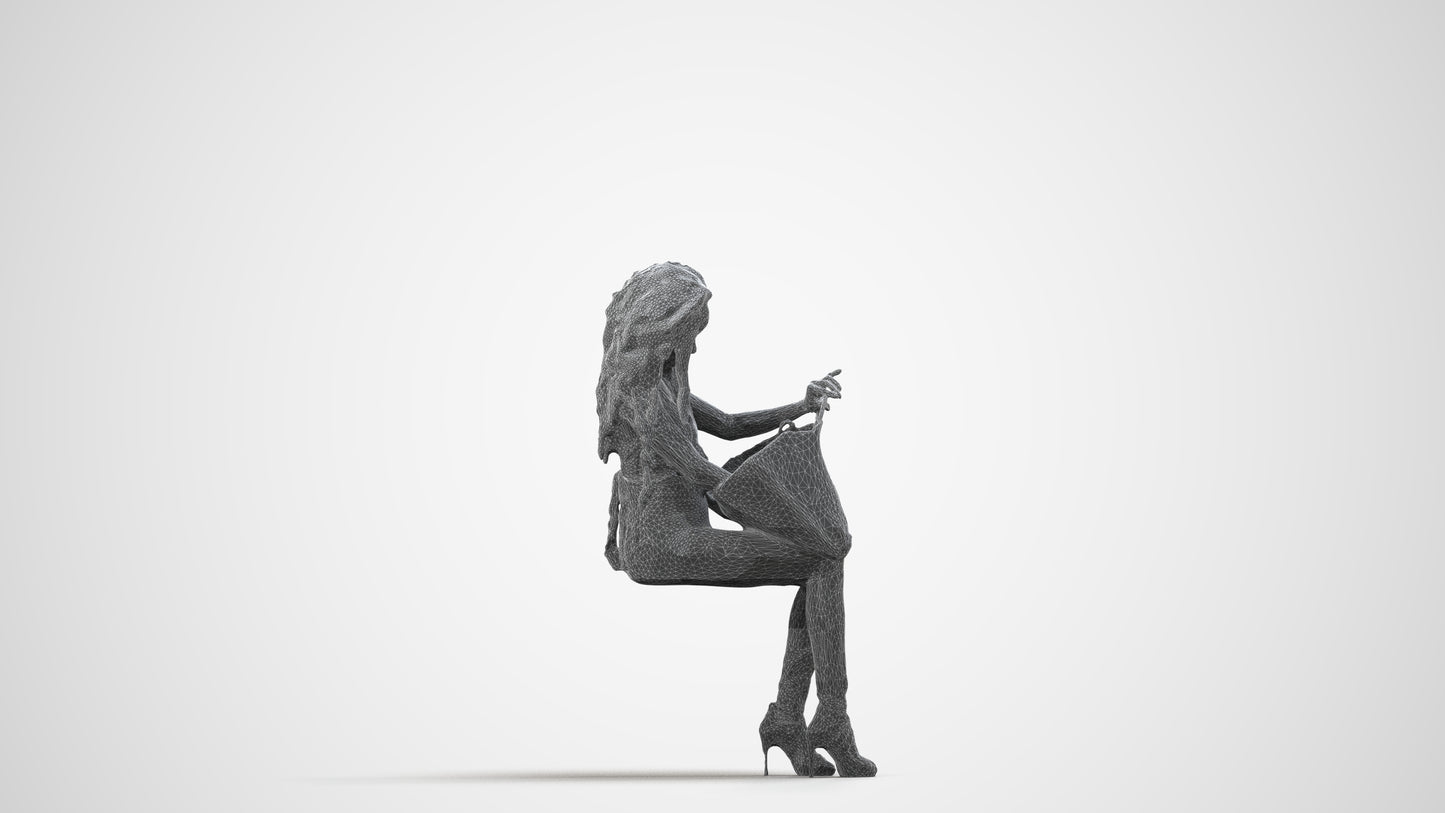 photogrammetry 3D woman casual sitting, realistic human model archviz FBX, wireframe side view