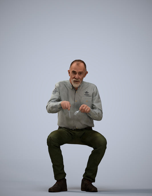 3D human model senior man casual sitting, photogrammetry scanned person for archviz